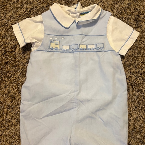 Other - Baby boys 3-6 months collared shortalls embriodered train Jon jon blue and white